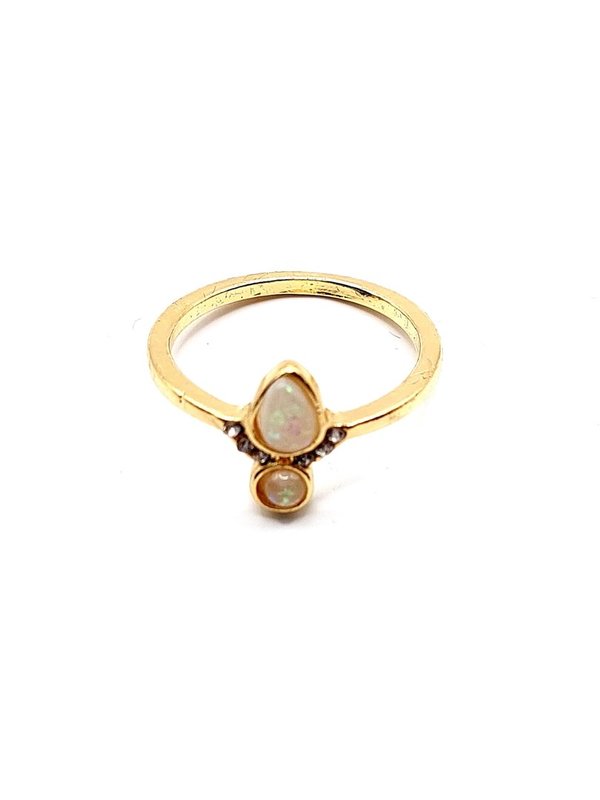 Goudkleurige ring met druppel-vorm & rond melkgoud-kleurig steentje + 6x strass-steentjes (Ø 18mm)