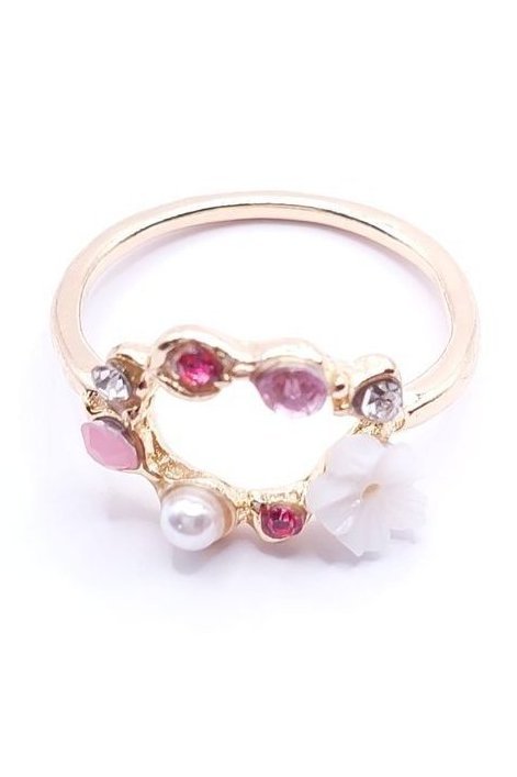 Goudkleurige ring met witte bloem en gekleurde strass en imitatie parel, 18mm