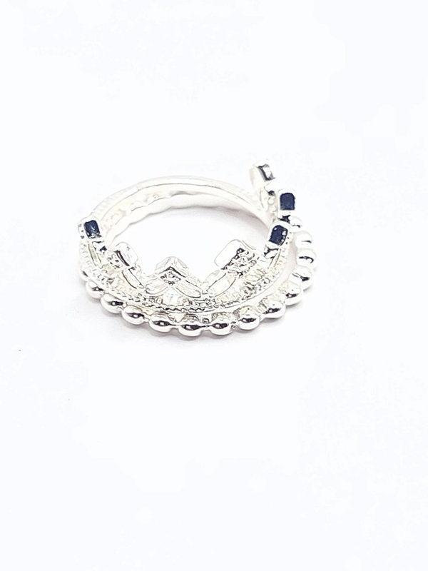 Zilverkleurige ring, met strass-steentjes en kroontje + motief (Ø 17mm), sieraden topper, byoux,