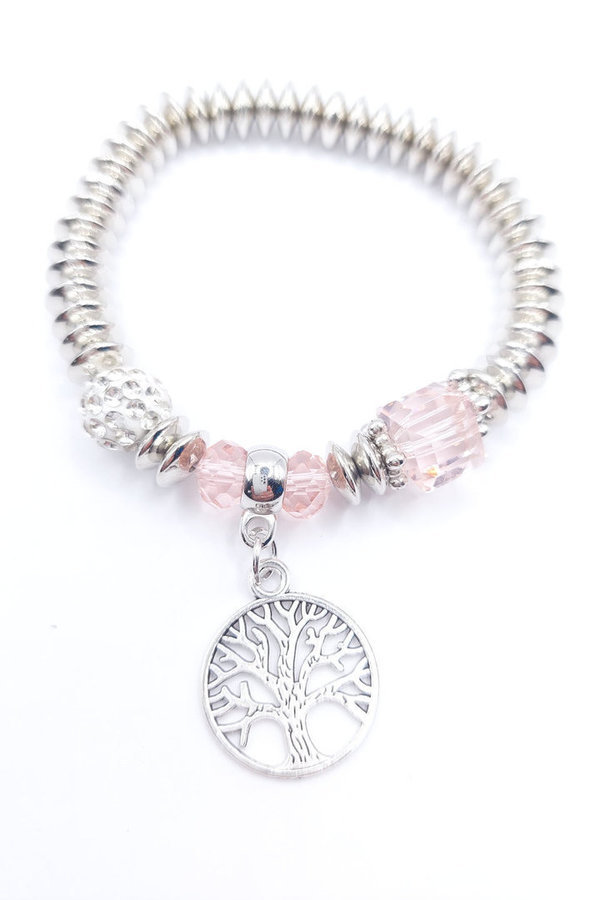 Armband: Charme zilver, roze muntje met met open boom