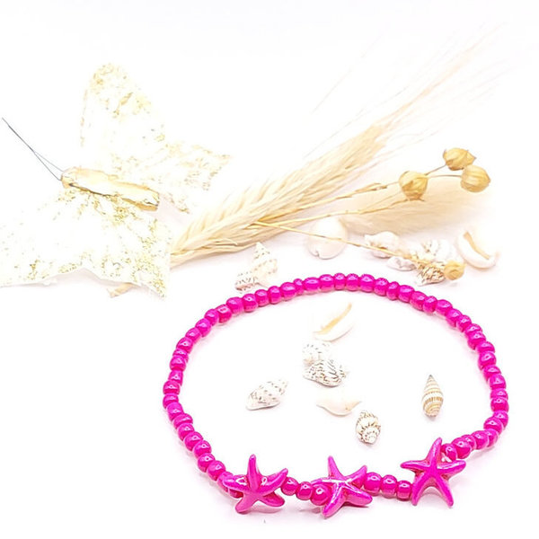 Roze, kralen enkelband met zeesterretjes