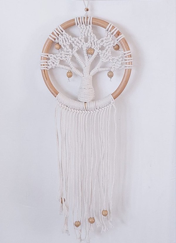 Macramé. Dromenvanger, levensboom+houten ring. Kralen. DREAMCATCHER. Handgemaakt. 50cm x 22cm
