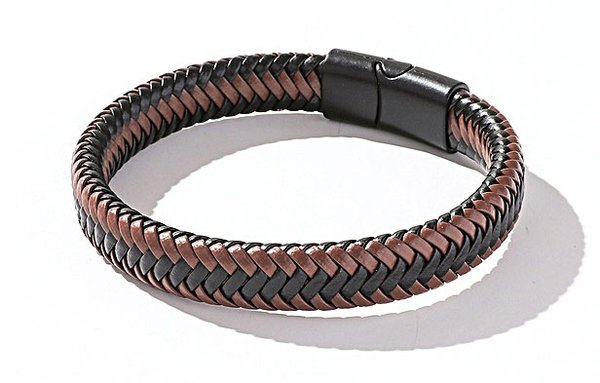 Heren armband 22 cm Gevlochten PU Leder. Bruin/Zwart