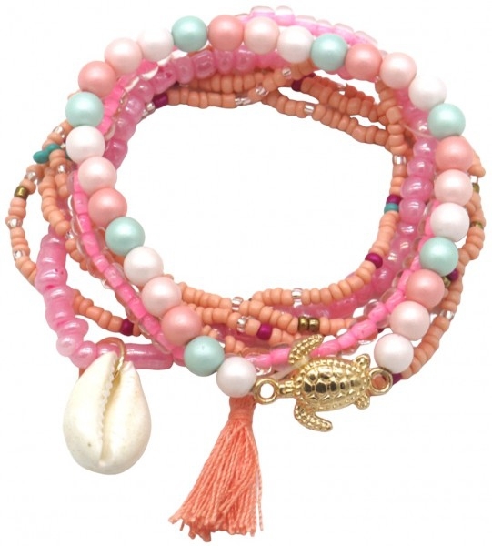Armband Bohemian Elastisch, Multicolor-roze, perzik kwastje, schelpje en goudkleurig schildpadje