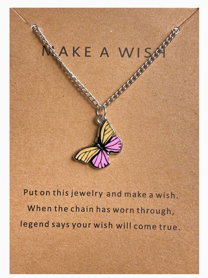 Make a wish-Butterfly. Roze. Ketting. Lengte ketting 43-50cm Nikkel, Zilverkleurig.
