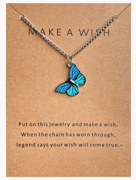 Make a wish-Butterfly. Blauw. Ketting. Lengte ketting 43-50cm Nikkel, Zilverkleurig.